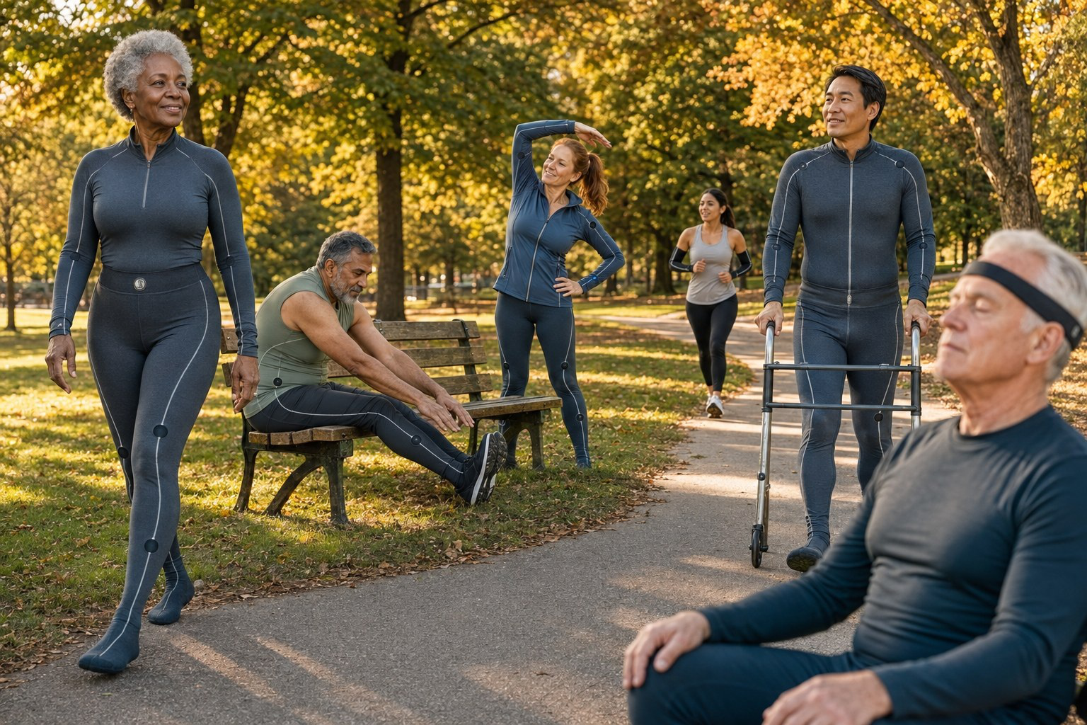People of varied ages and mobility levels wearing AMRS therapeutic garments outdoors in a park