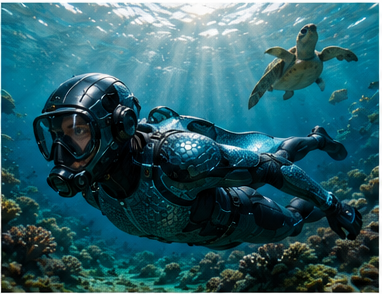 AquaSuit researcher diving alongside a sea turtle in a tropical coral reef — the suit's boxfish-derived hull ridges and superhydrophobic plastron surface reducing hydrodynamic drag, with the shark-denticle riblet film shared directly from the DragonSuit material stack