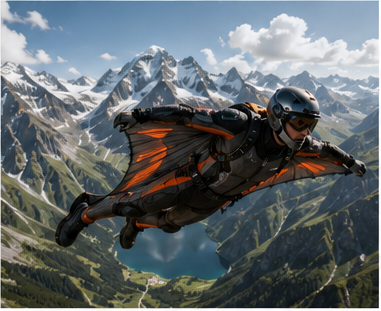 DragonSuit Scout pilot flying with orange accent wing panels over glaciated alpine ridges — the entry-level consumer SKU demonstrating stable 3.8–4.5:1 glide ratio performance