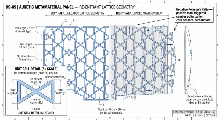 Auxetic metamaterial panel — re-entrant hexagonal unit cell, loaded vs unloaded