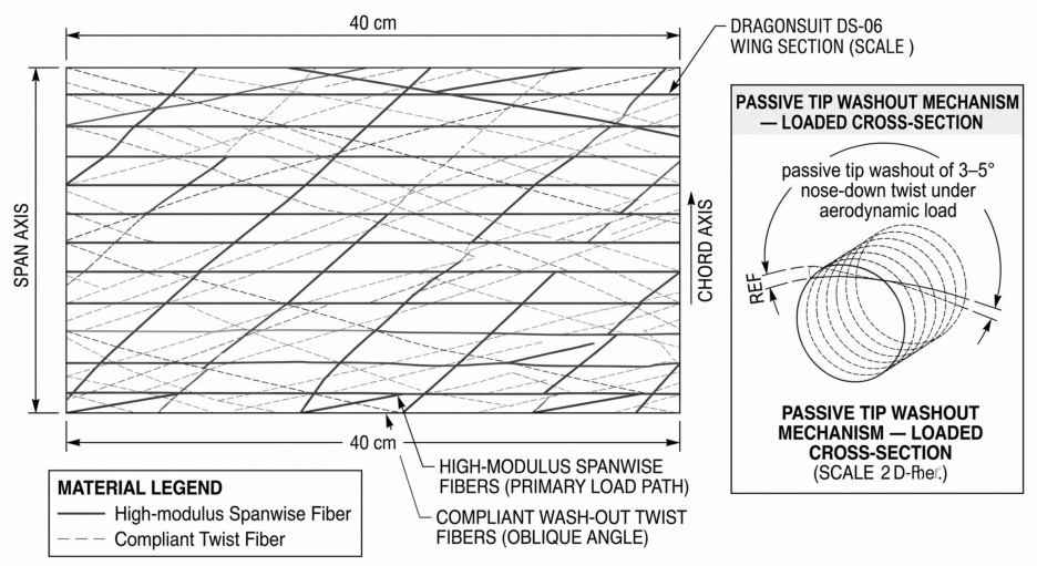 Anisotropic washout weave — passive tip twist under aerodynamic load