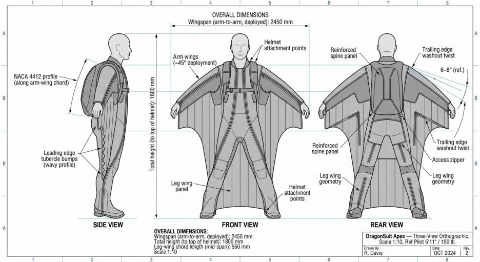 DS-01 engineering drawing — three-view orthographic