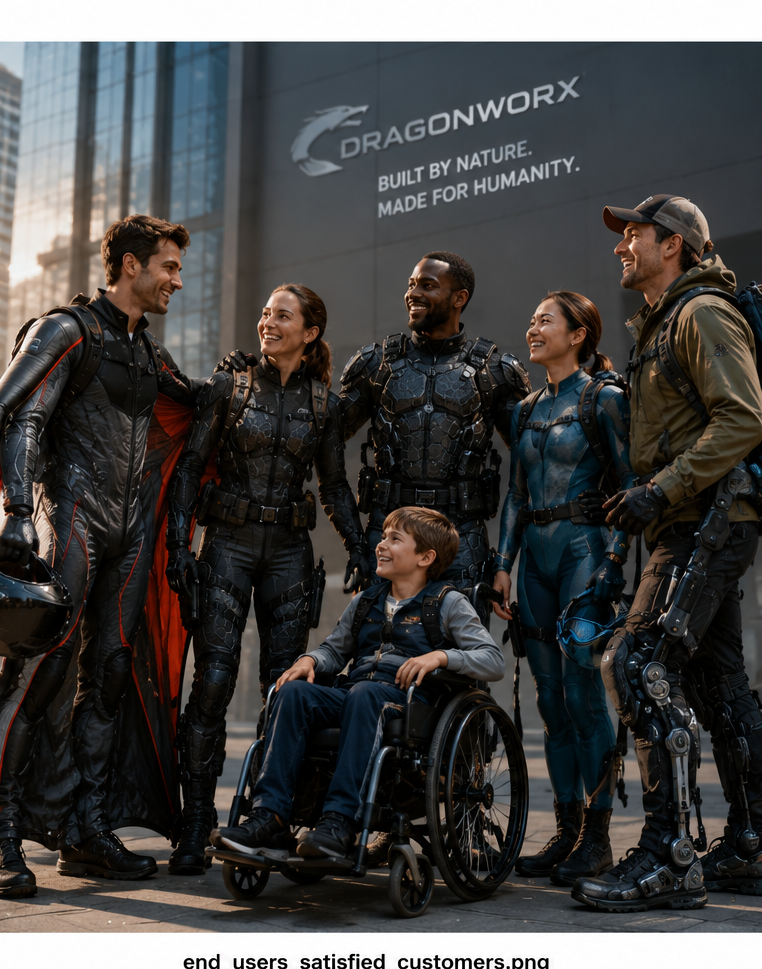 Diverse group of DragonWorx end users in biomimetic suits — including a wheelchair user with an exoskeletal leg brace — gathered in front of a DragonWorx 'Built by Nature. Made for Humanity.' billboard