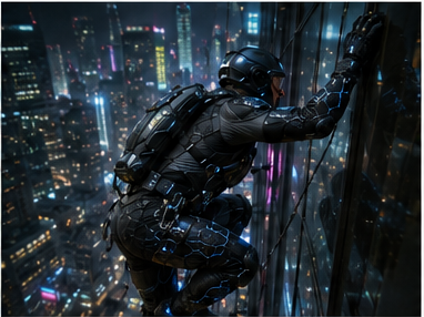 GripSuit operator ascending a glass skyscraper facade at night using gecko-inspired Van der Waals dry adhesion pads — demonstrating 10 N/cm² holding force on a smooth vertical surface