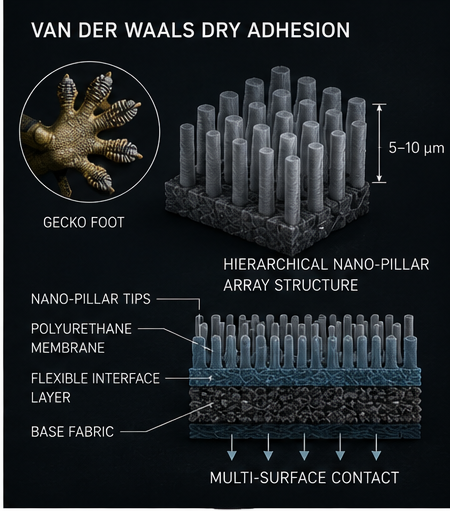 Van der Waals dry adhesion diagram: gecko foot anatomy, hierarchical nano-pillar array, polyurethane membrane, flexible interface layer, base fabric — four-layer stack