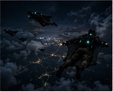 Military DragonSuit Apex-M operators conducting a high-altitude nighttime tactical insertion, gliding in formation over city lights — demonstrating the military SKU's low-observable profile and MOLLE integration