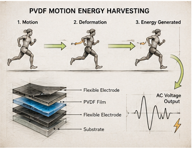 PVDF motion energy harvesting mechanism diagram: (1) motion input, (2) PVDF film deformation, (3) AC voltage output — showing the flexible electrode and substrate layer stack that powers the ElectraSuit from body movement