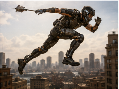 JumpSuit-equipped operator mid-leap between rooftops in an urban environment, mechanical ankle and knee leafspring joints visible — demonstrating 3–10× jump height enhancement from resilin-inspired carbon fiber spring joints