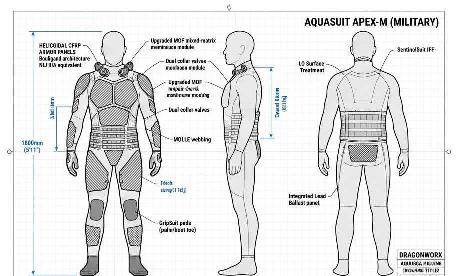 AquaSuit Apex-M three-view orthographic with CFRP armor panel and MOLLE callouts