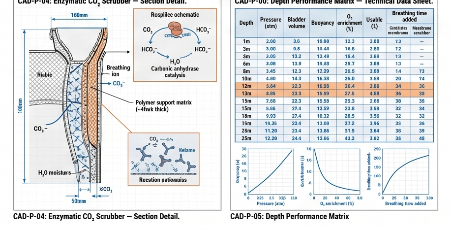 Pro enzymatic CO₂ scrubber section detail and depth performance matrix