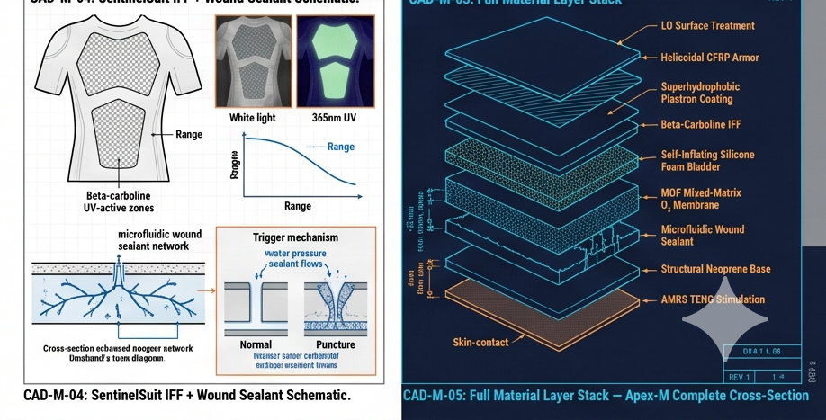 Apex-M SentinelSuit IFF and wound sealant schematic plus full 9-layer material stack