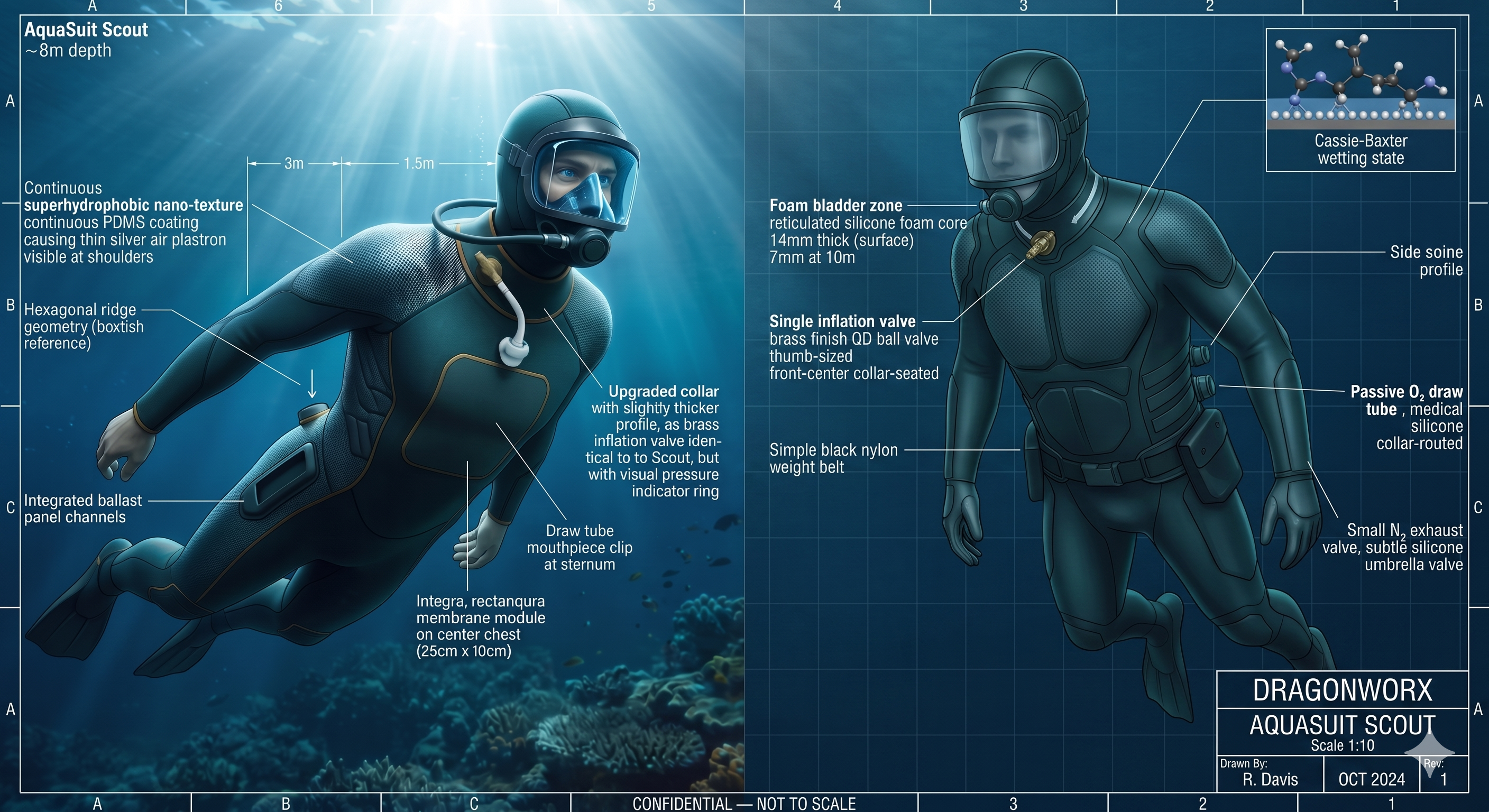 AquaSuit Scout — blueprint product render with feature callouts