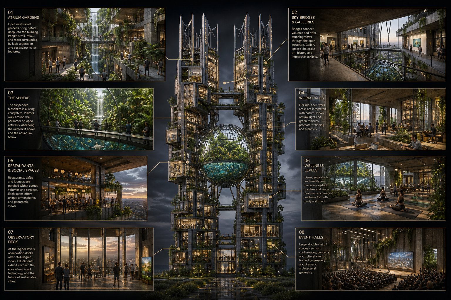 Verdant Tower program diagram — eight annotated zones